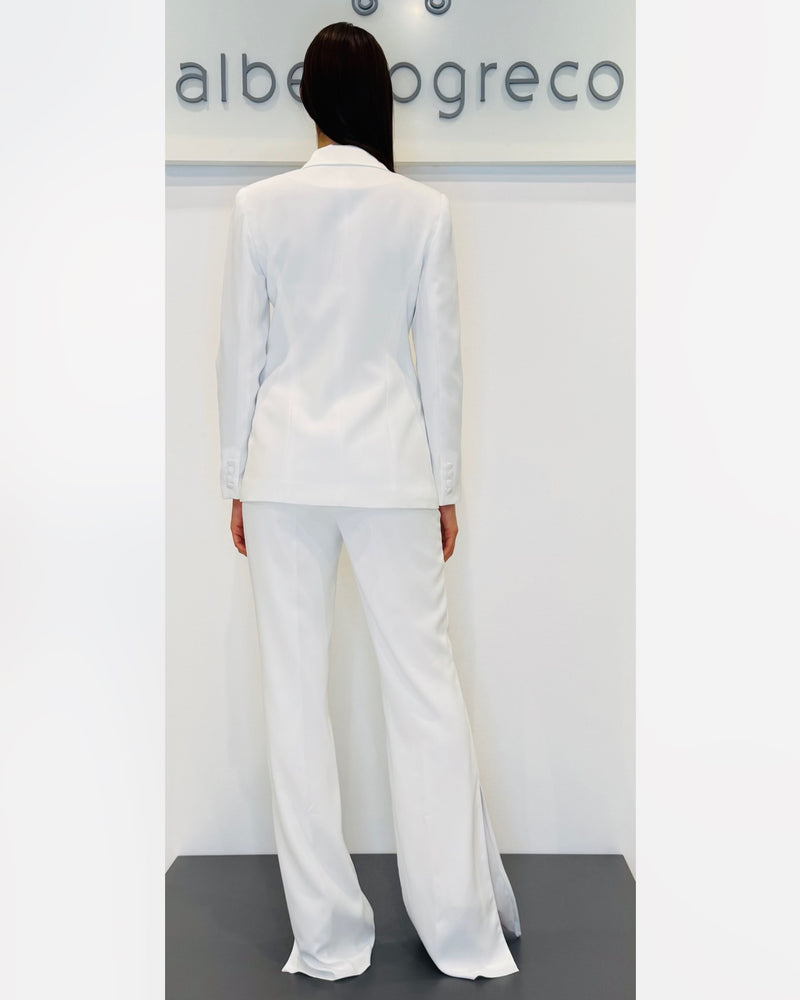 Completo bustier in pizzo, giacca e pantaloni in crepe