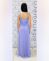 Abito lungo con scollo all'americana con gonna in tulle