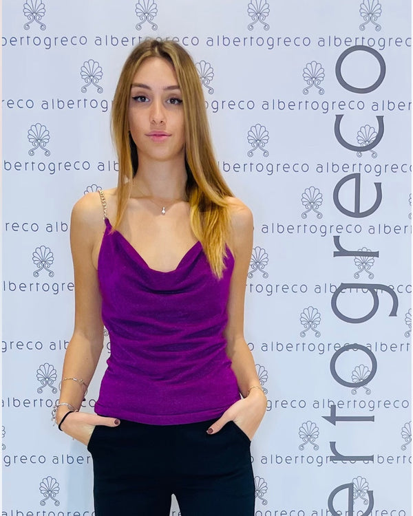 Top in jersey laminato con collo a cappuccio