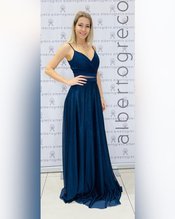Abito in georgette con glitter e cintura con inserto ricamato
